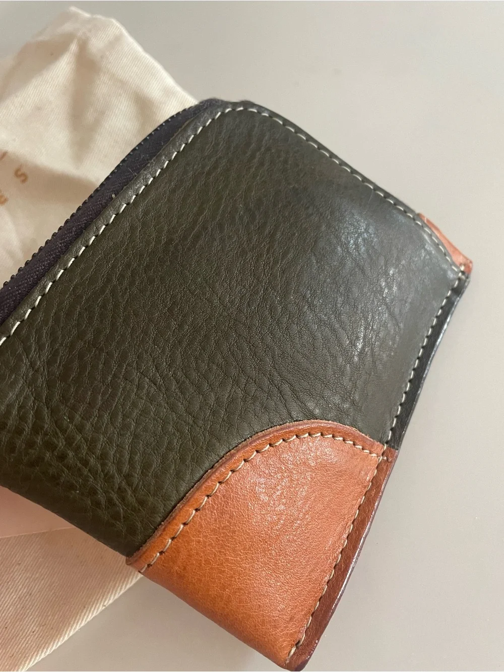 Moore and Giles Olive and Tan Leather half Zip Wallet